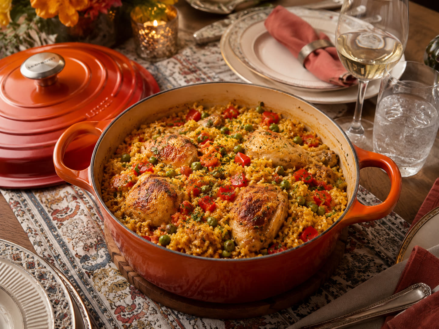 Arroz con pollo served in an orange Dutch oven