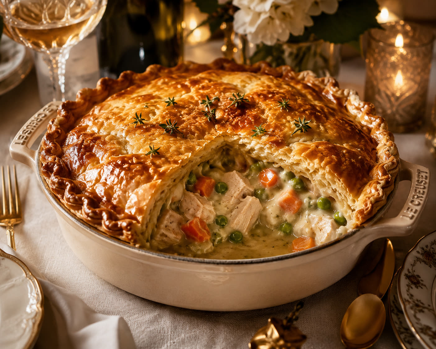 Chicken pot pie served in a white casserole dish