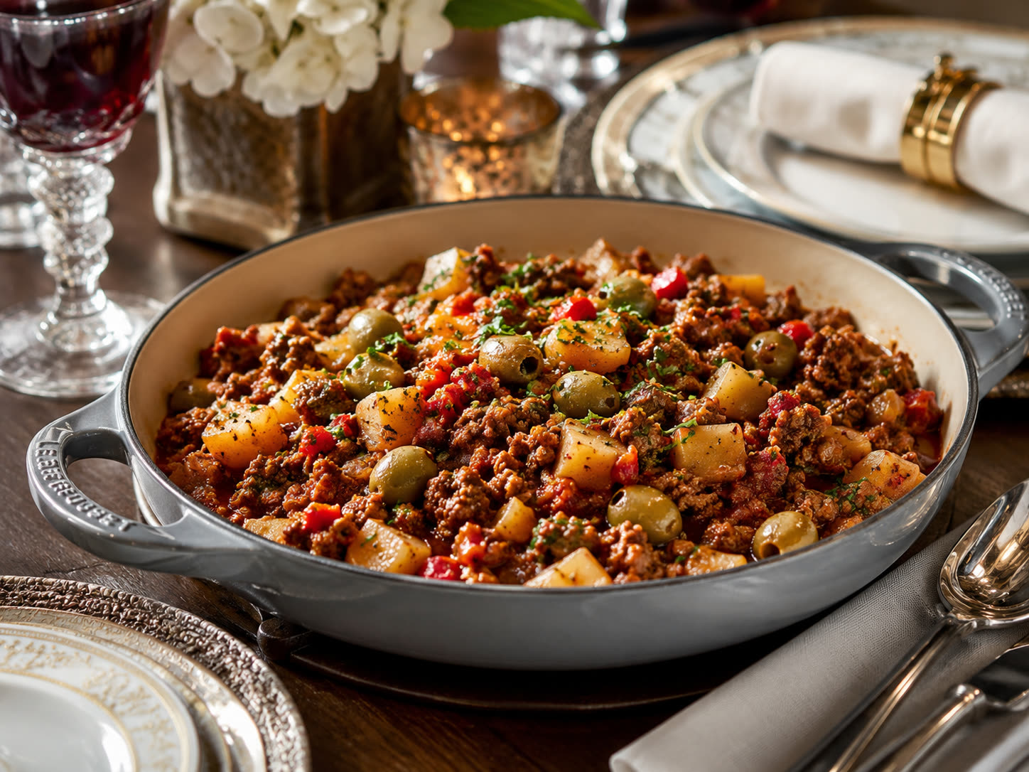 Cuban picadillo served in a gray pan