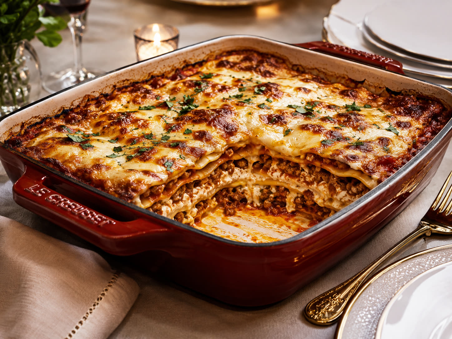 Lasagna with sausage served in a red casserole dish