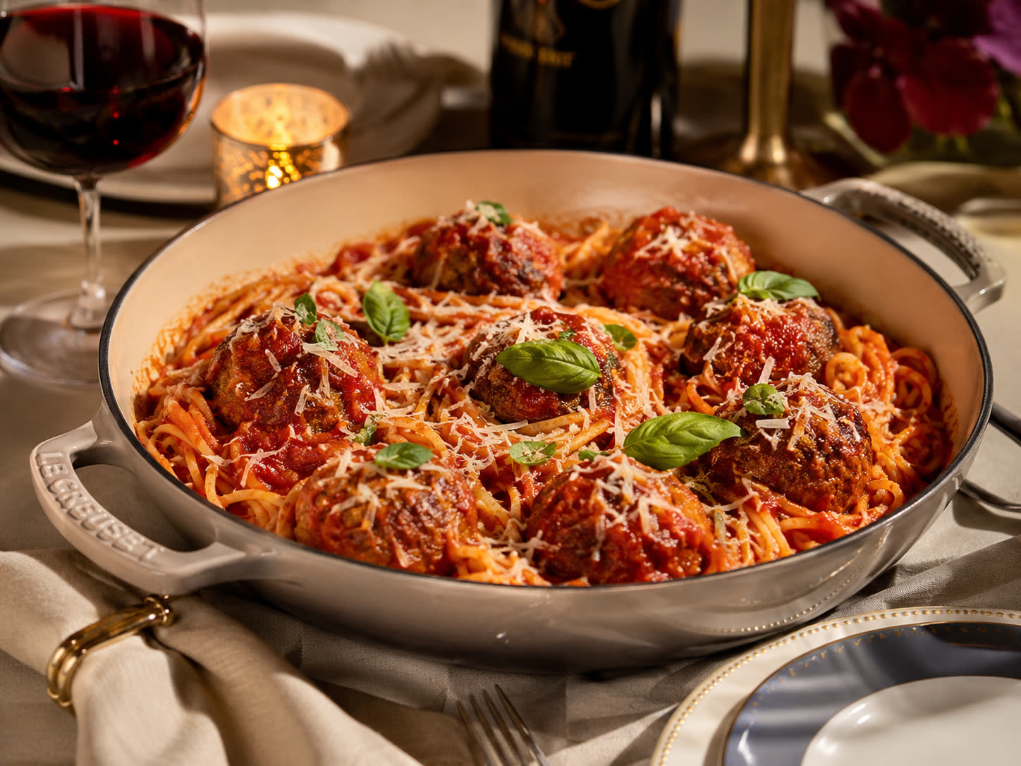 Spaghetti with meatballs in tomato sauce